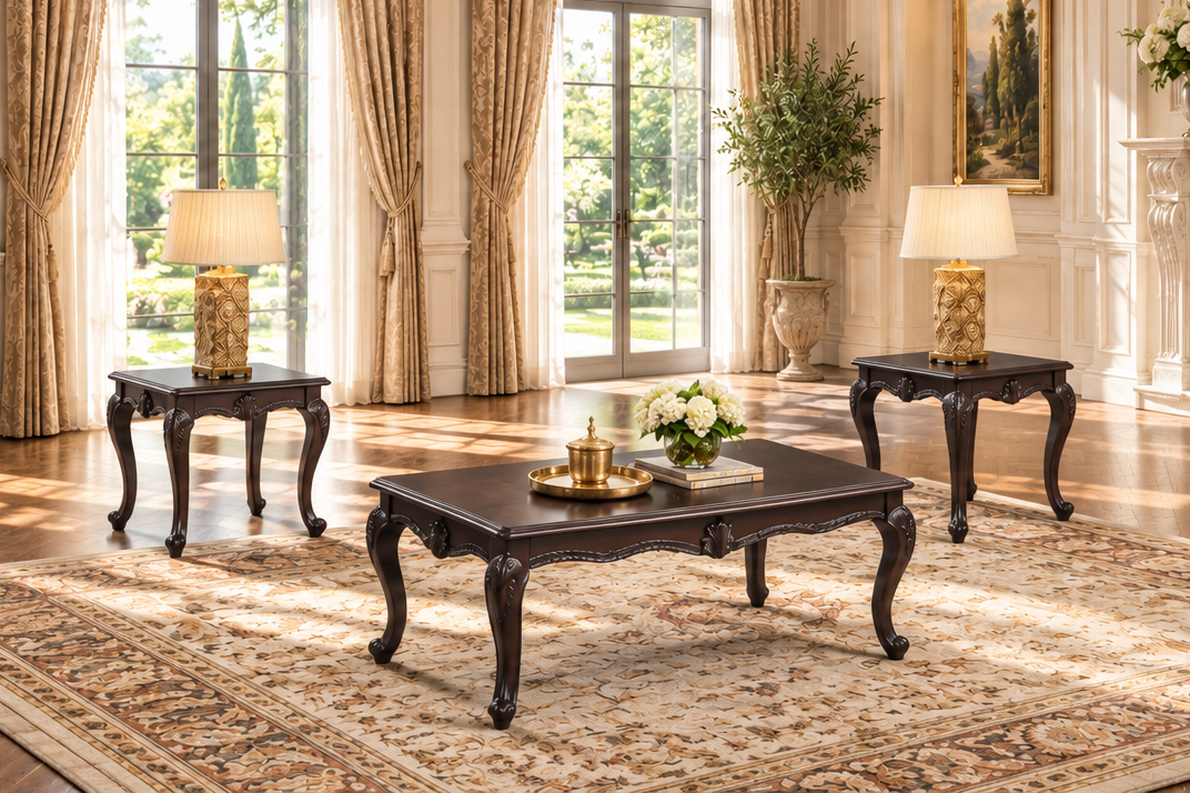 Traditional Dark Brown 3-Piece Coffee Table Set with Wood Tops, Ornate Scrollwork & Curved Legs