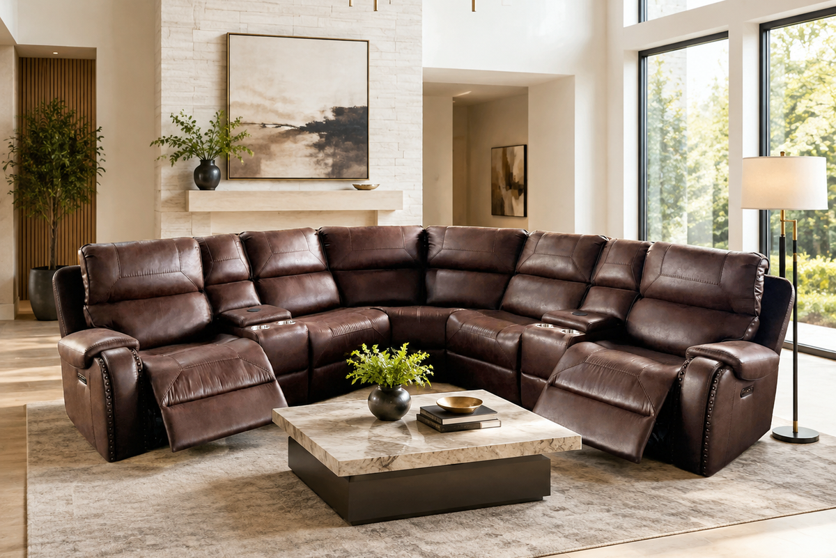 Dark Brown Power Reclining Sectional with Nailhead Trim & Wireless Charging