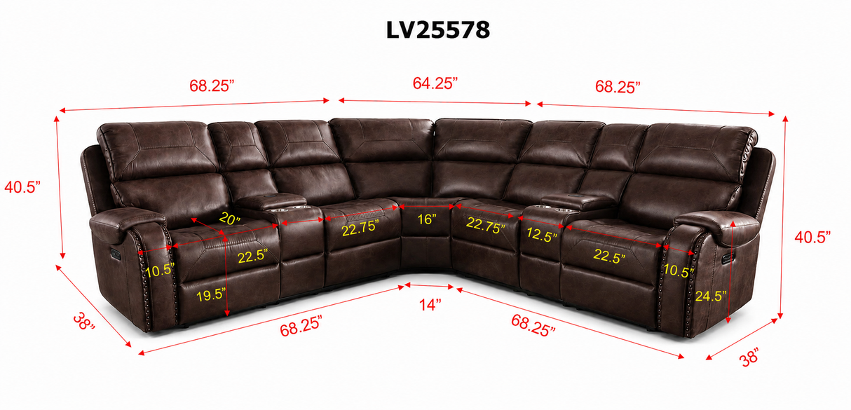 Dark Brown Power Reclining Sectional with Nailhead Trim & Wireless Charging