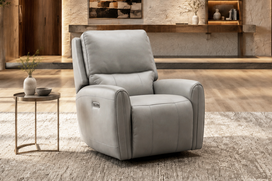 Gray Top‑Grain Leather Dual‑Power Swivel Glider Recliner with Power Headrest