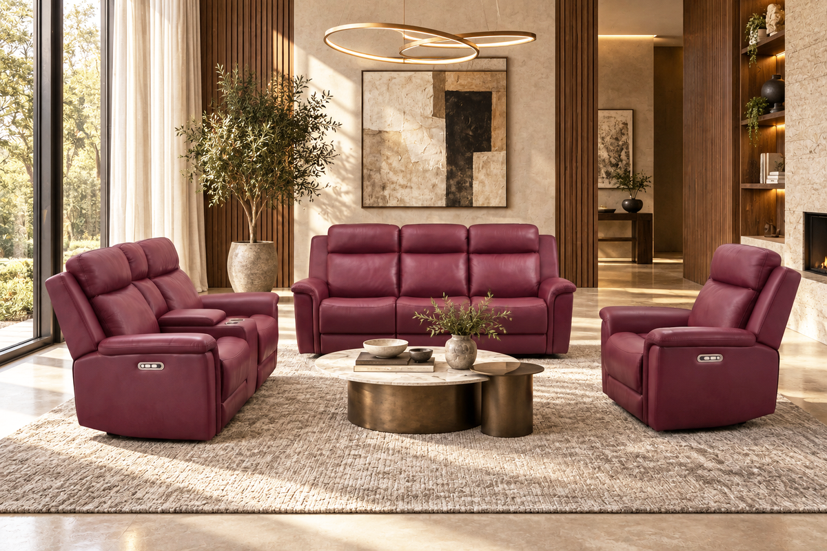 Red Top-Grain Leather 3-Piece Power Reclining Living Room Set with Power Headrests
