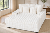 Cream Faux Fur Chaise Lounge with Dual Cupholders & USB Charging Ports