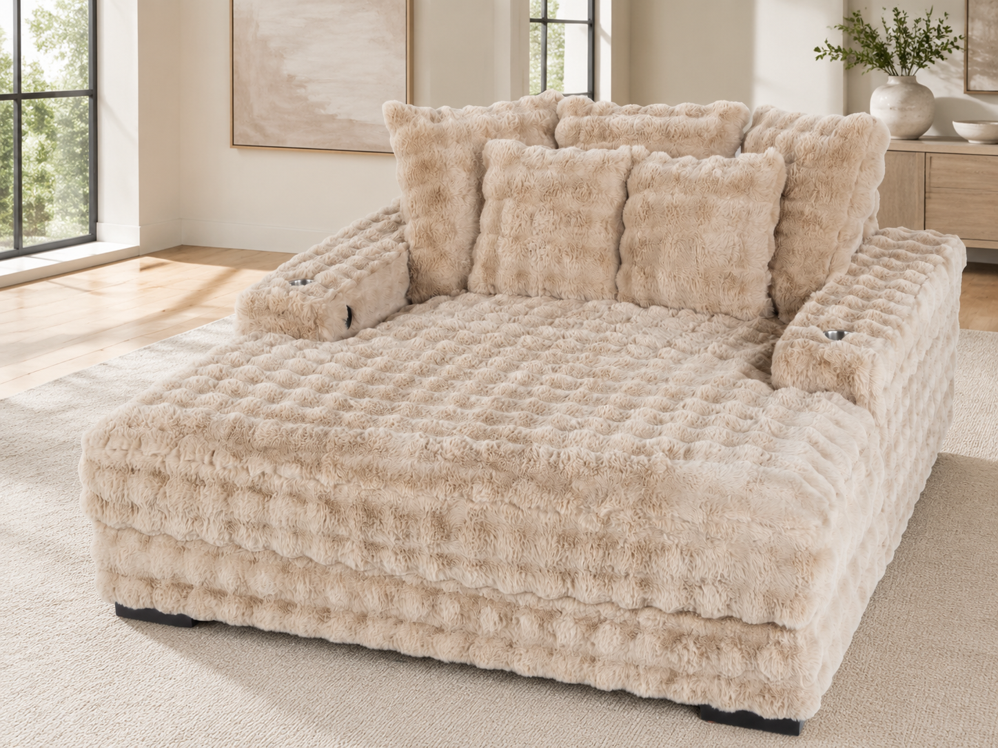 Camel Faux Fur Chaise Lounge with Dual Cupholders & USB Charging Ports