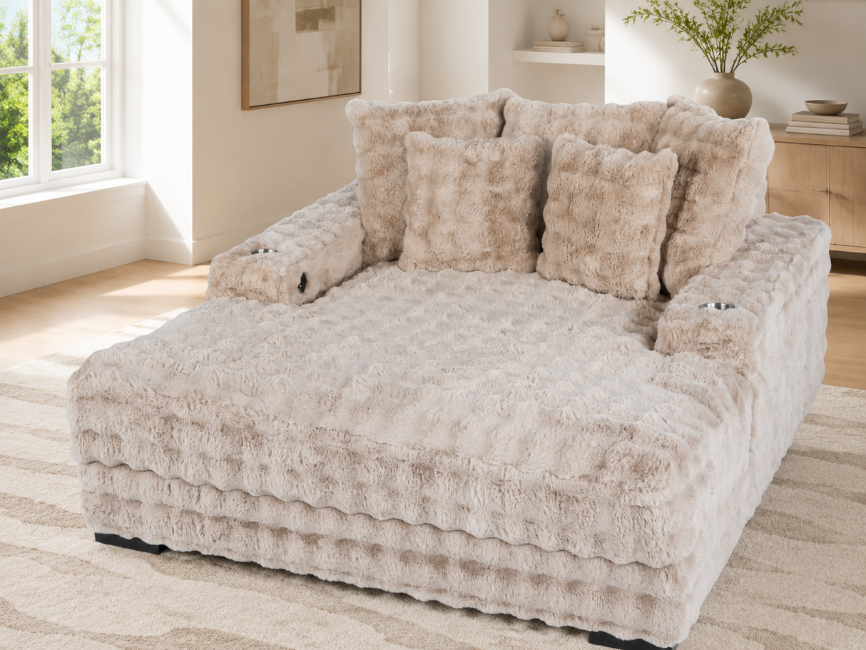 Beige Faux Fur Chaise Lounge with Dual Cupholders & USB Charging Ports