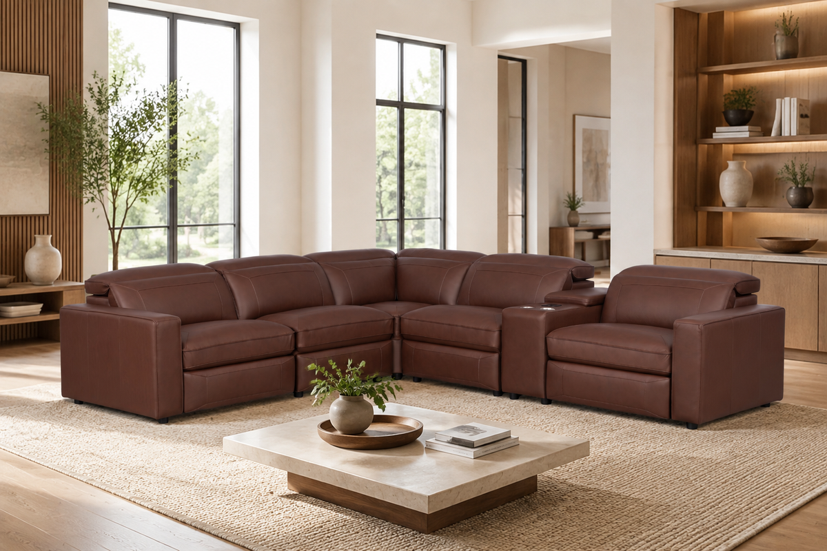 Brown Modern Top-Grain Leather Power Reclining Sectional with Power Headrests & Charging Console