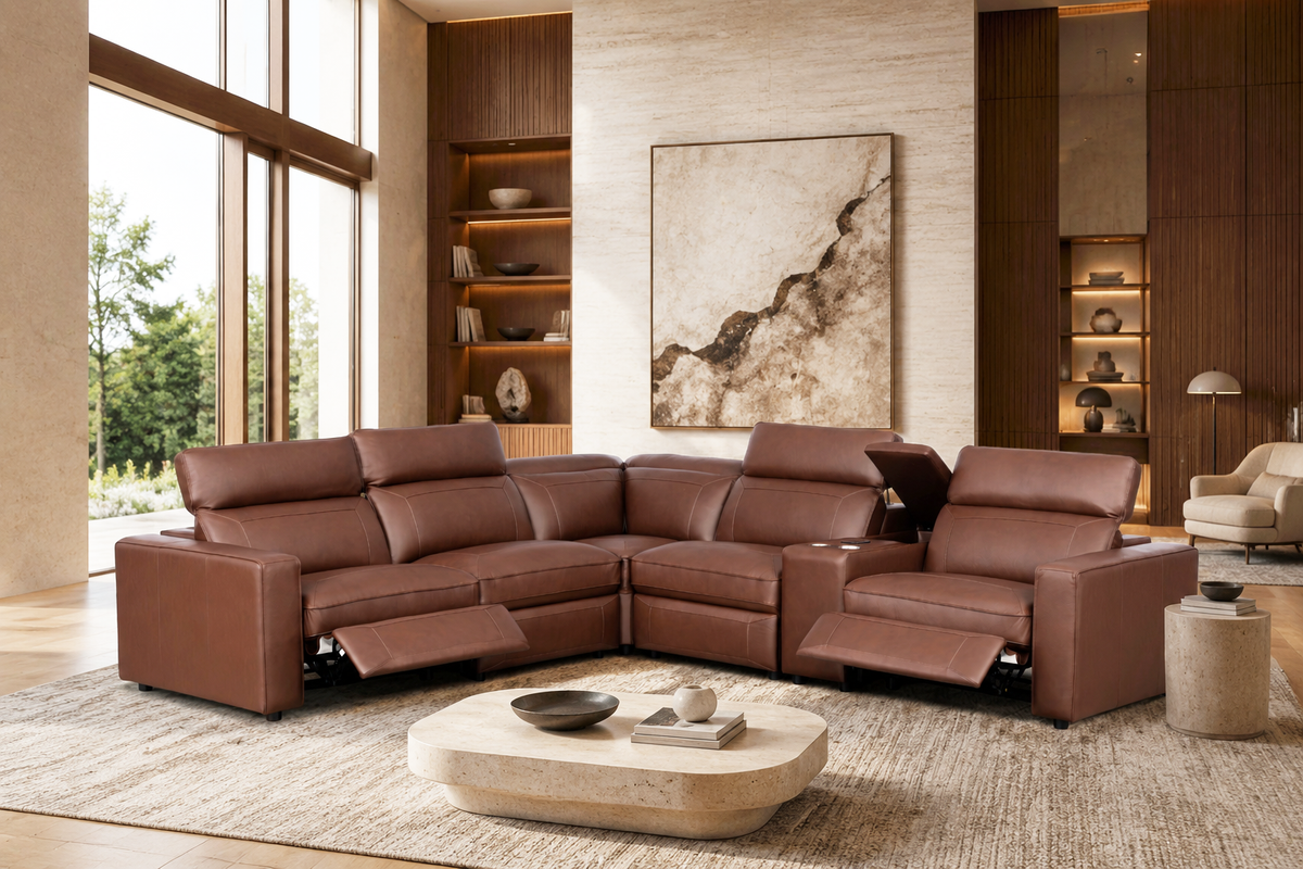 Brown Modern Top-Grain Leather Power Reclining Sectional with Power Headrests & Charging Console