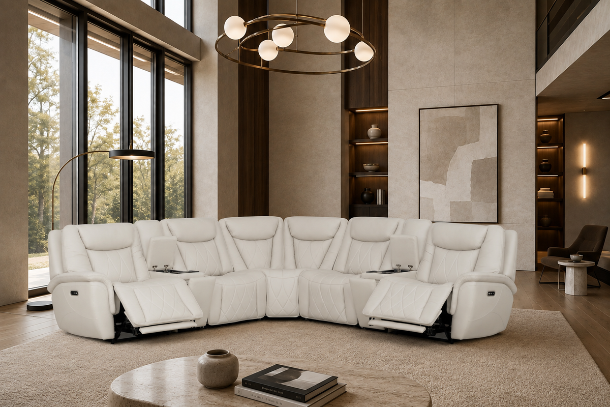 Light Gray 7-Piece Top Grain Leather Dual-Power Reclining Sectional with Wireless Charging