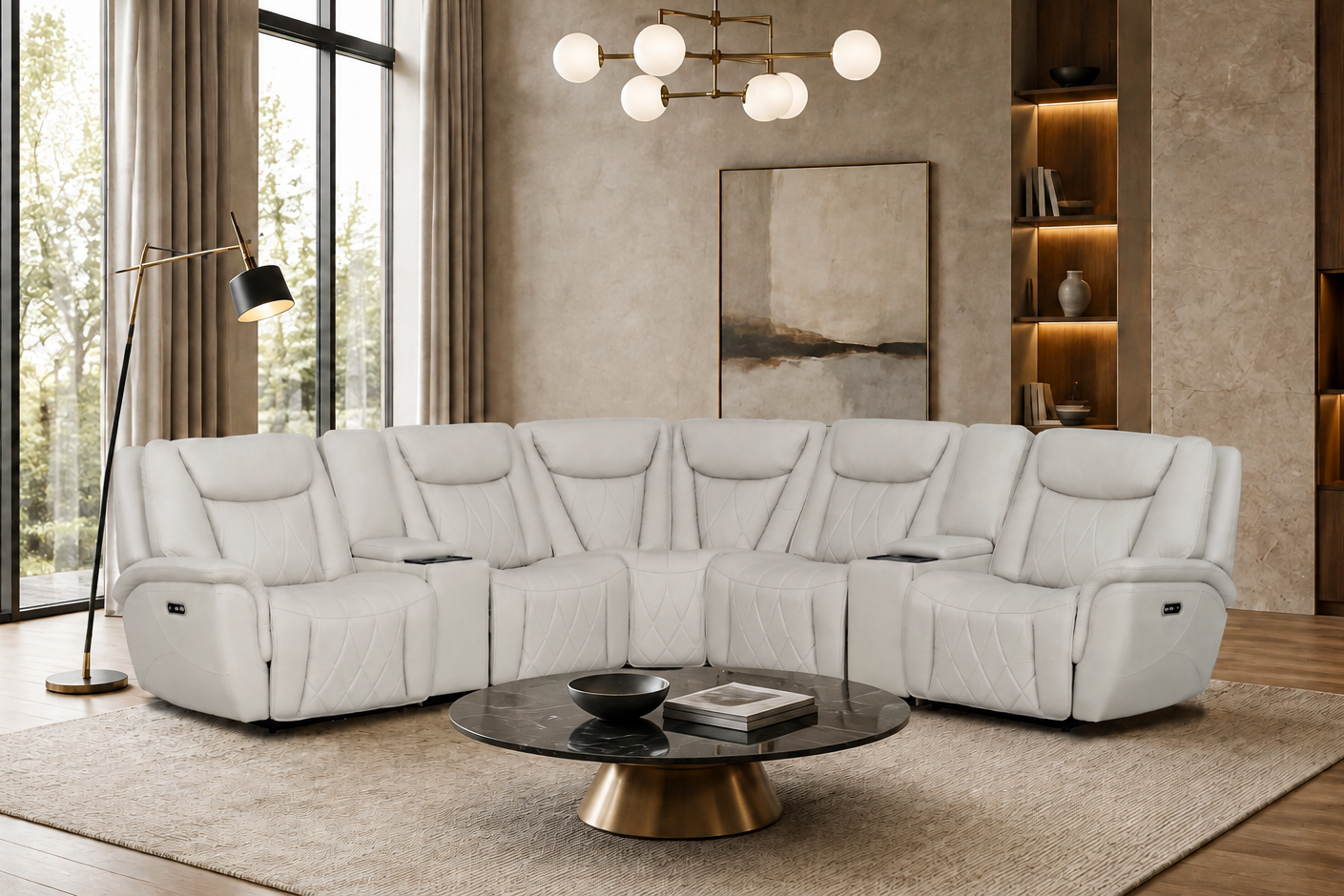 Light Gray 7-Piece Top Grain Leather Dual-Power Reclining Sectional with Wireless Charging