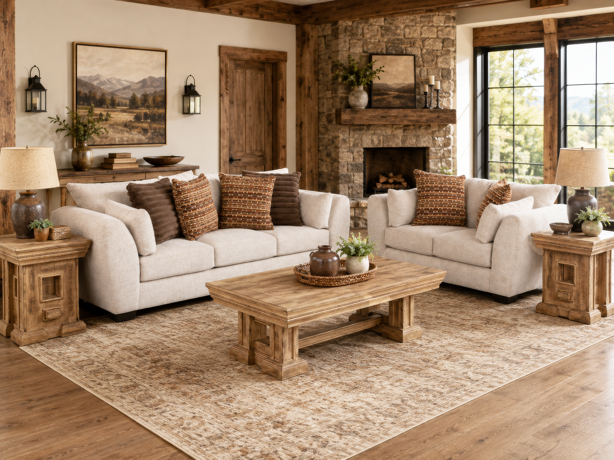 Light Neutral 2-Piece Sofa and Loveseat Set with Accent Pillow Style