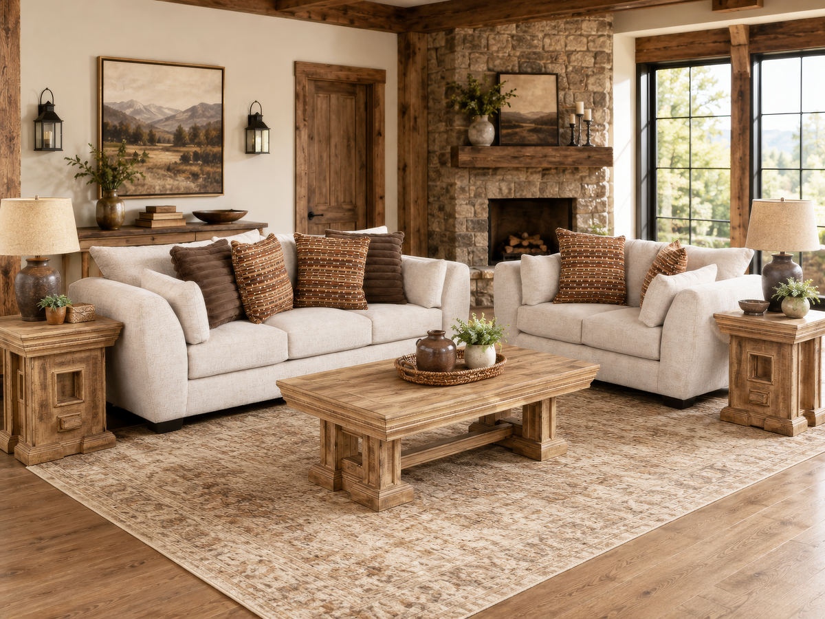 Light Neutral 2-Piece Sofa and Loveseat Set with Accent Pillow Style