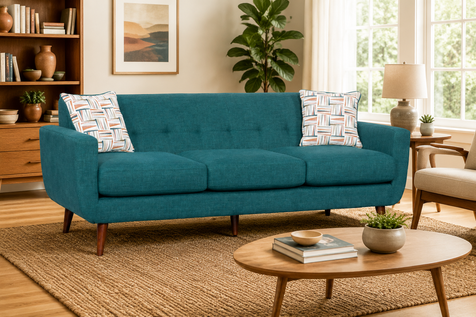 Marina Teal Blue 3-Seat Tufted Mid-Century Sofa
