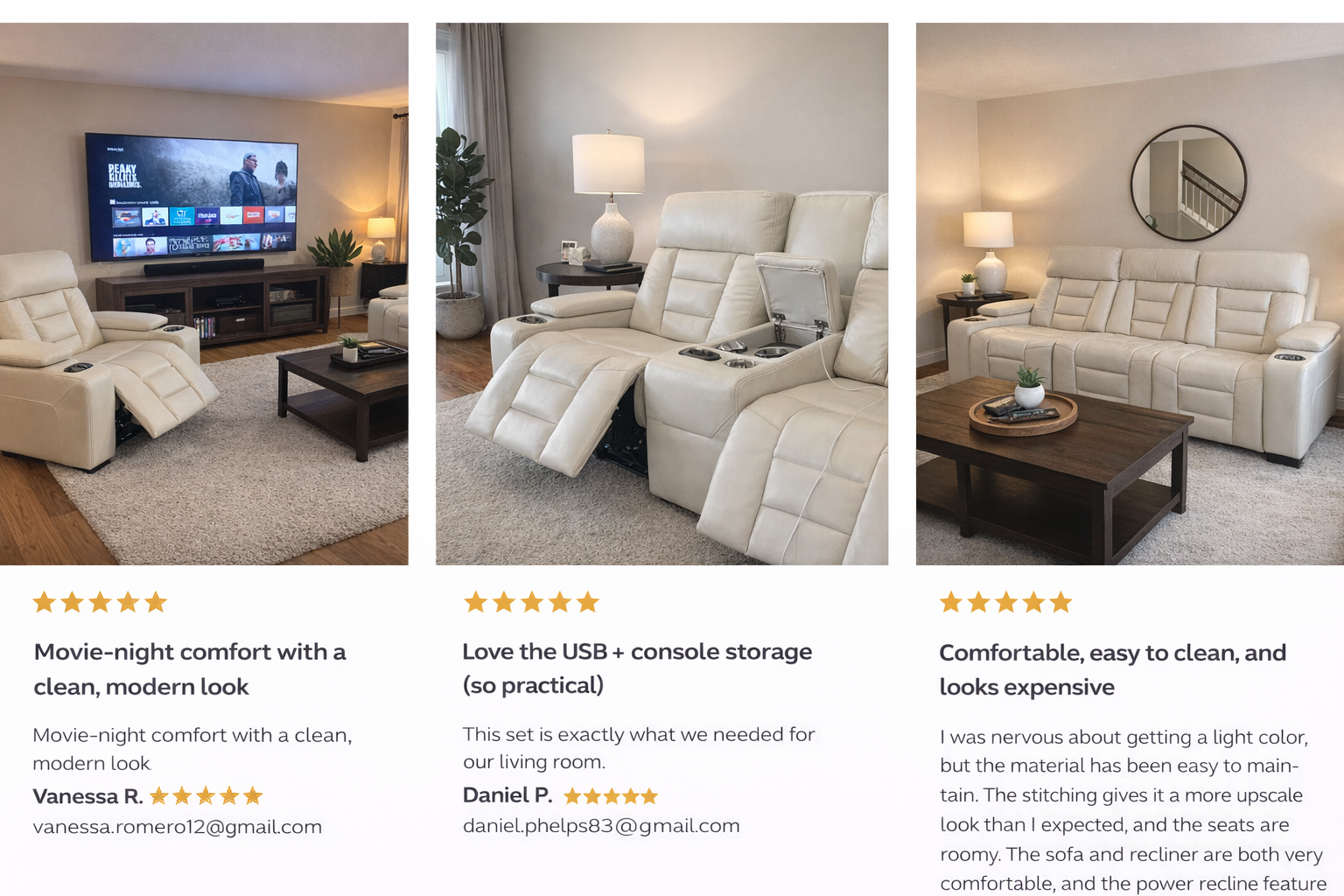 White recliner sofa set in a living room setting with customer reviews displayed.