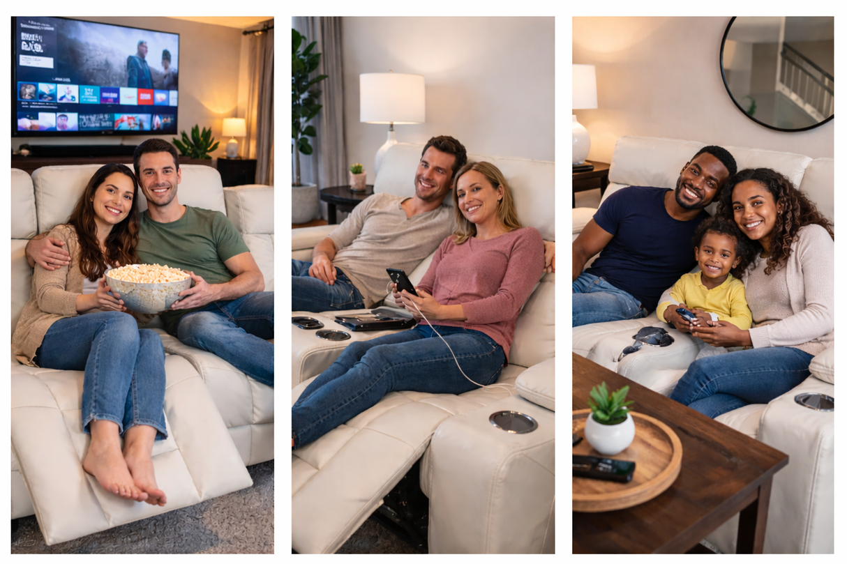 Collage of people enjoying time together on a couch in a living room setting.