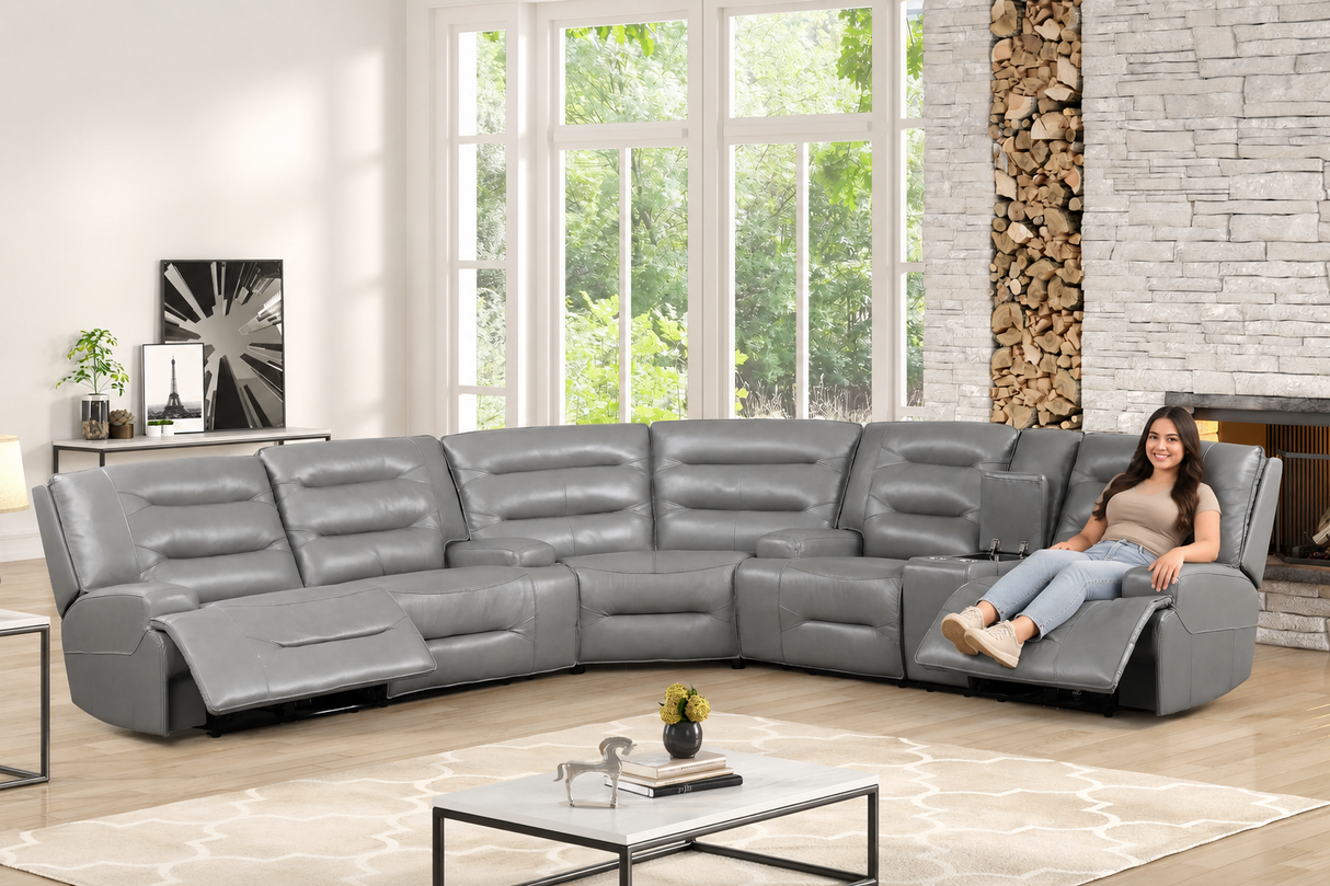 Modern Gray Top Grain Leather Power Reclining Sectional with Console & Cup Holders