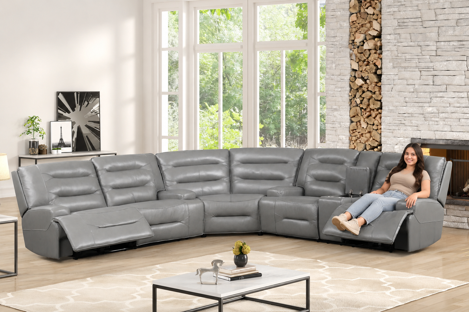 Modern Gray Top Grain Leather Power Reclining Sectional with Console & Cup Holders