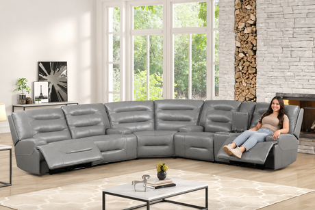 Modern Gray Top Grain Leather Power Reclining Sectional with Console & Cup Holders - view 4