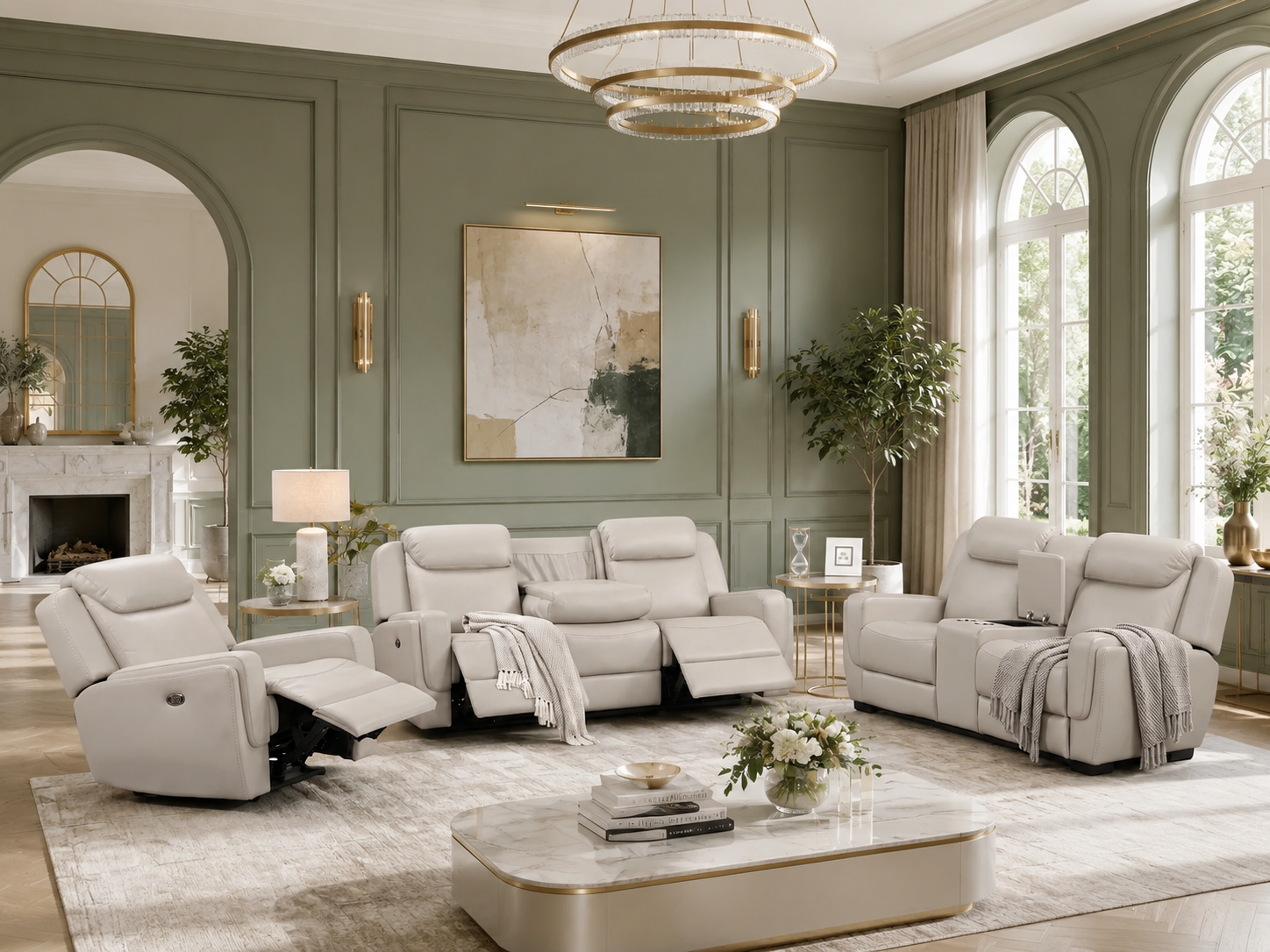 Contemporary Beige Air Leather 3-Piece Power Reclining Living Room Set with Console & USB