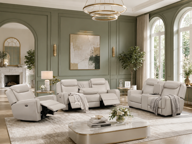 Contemporary Beige Air Leather 3-Piece Power Reclining Living Room Set with Console & USB