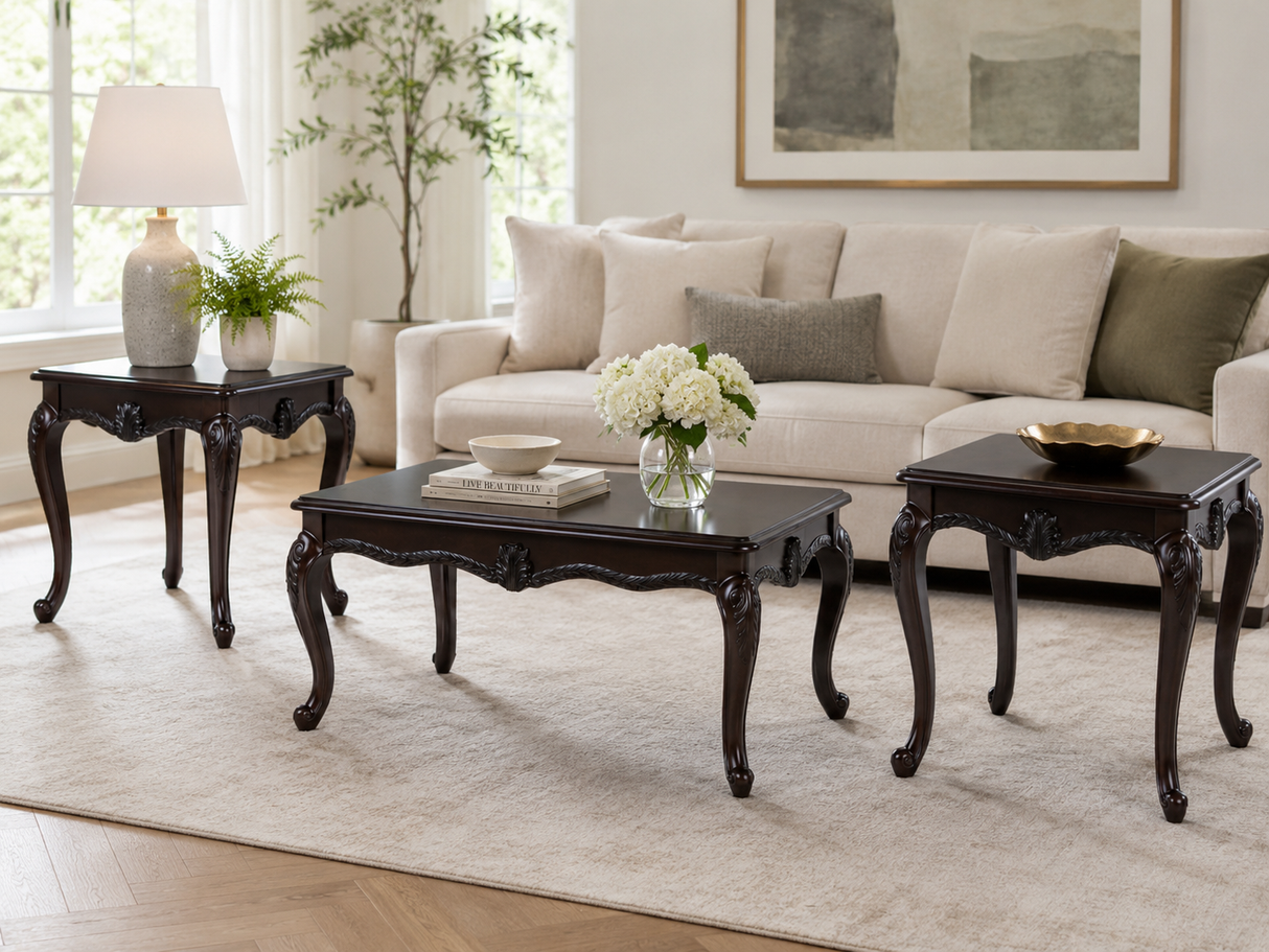 Dark Brown Traditional 3-Piece Coffee Table Set with Wooden Tops