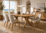 Oak Sculptural Trestle 7-Piece Dining Set with Latte Upholstered Chairs