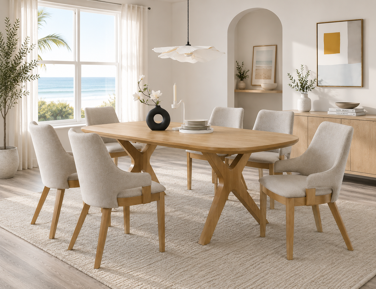 Oak Sculptural Trestle 7-Piece Dining Set with Latte Upholstered Chairs