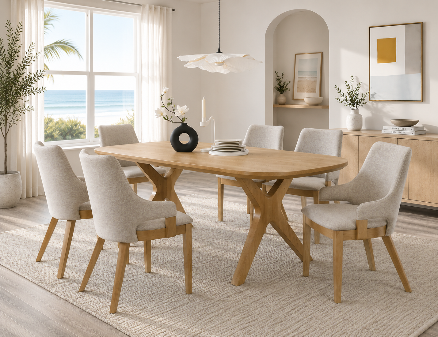 Oak Sculptural Trestle 7-Piece Dining Set with Latte Upholstered Chairs