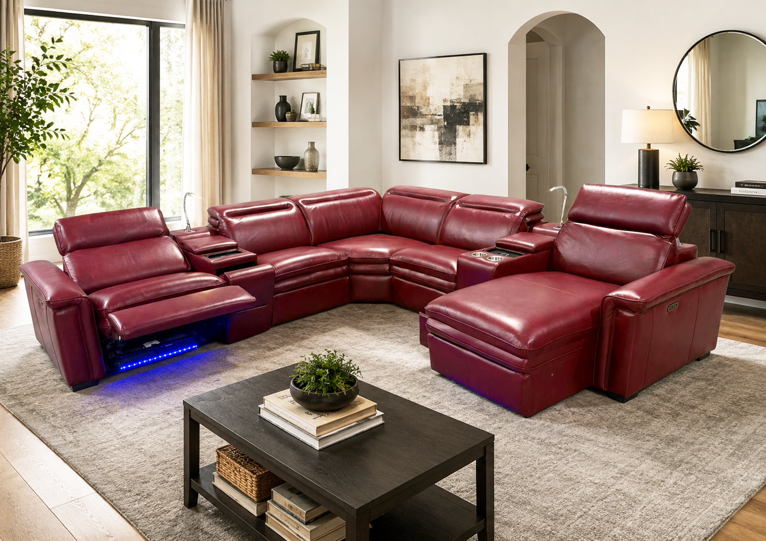 Modern Burgundy Red 7-Piece U-Shaped Power Reclining Sectional with Chaise, LED Lights & Charging