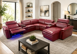 Modern Burgundy Red 7-Piece U-Shaped Power Reclining Sectional with Chaise, LED Lights & Charging