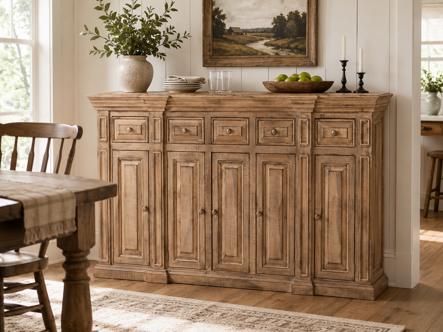 Rustic Solid Wood Brown Farmhouse 80-Inch Sideboard Cabinet with Door & Drawer Storage