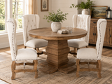 Traditional Rustic Natural Wood Round Dining Set with Beige Tufted Wingback Chairs, Nailhead Trim & Pedestal Table Design