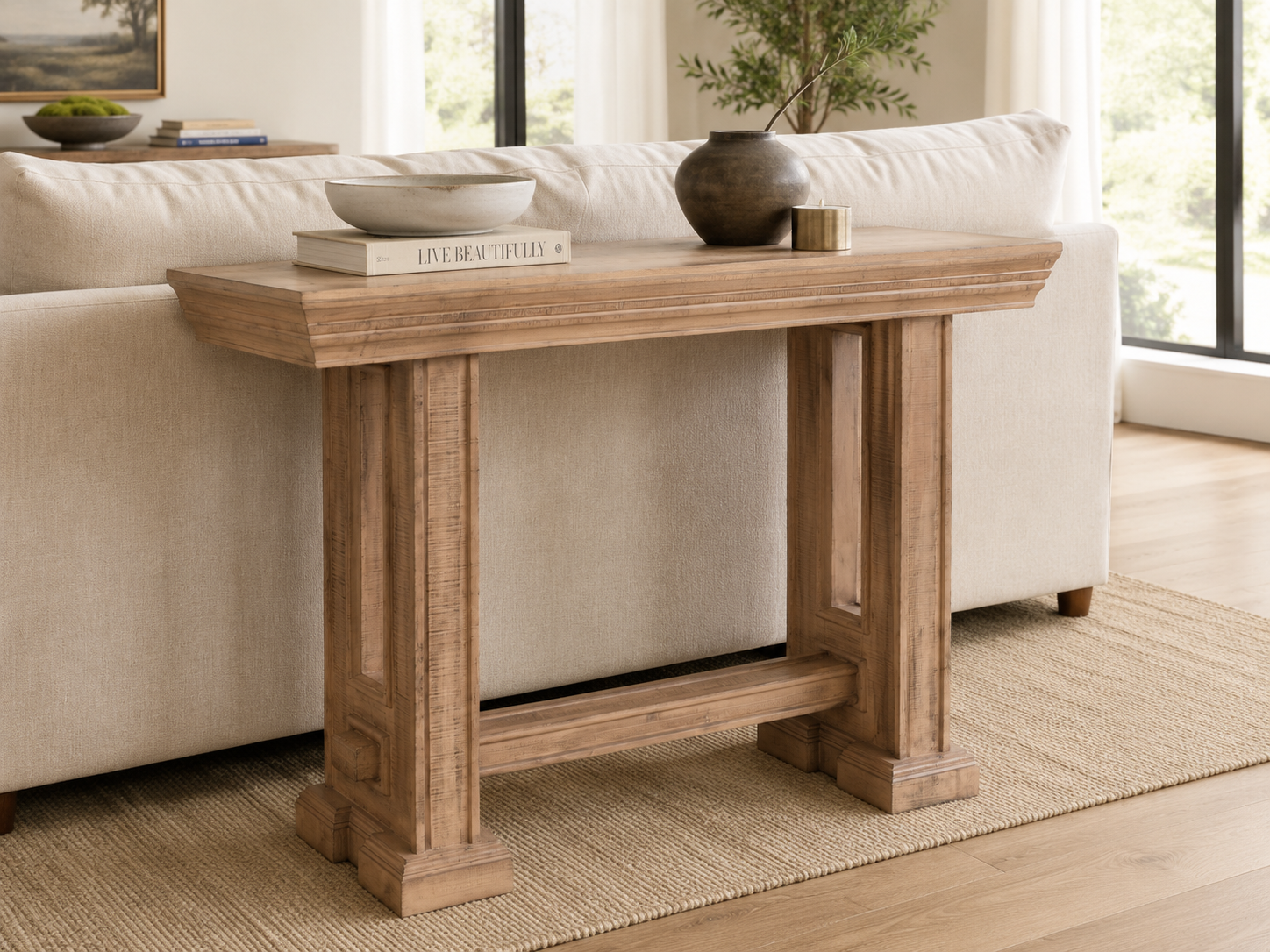 Rustic Brown Farmhouse Sofa Table with Pedestal Base Design