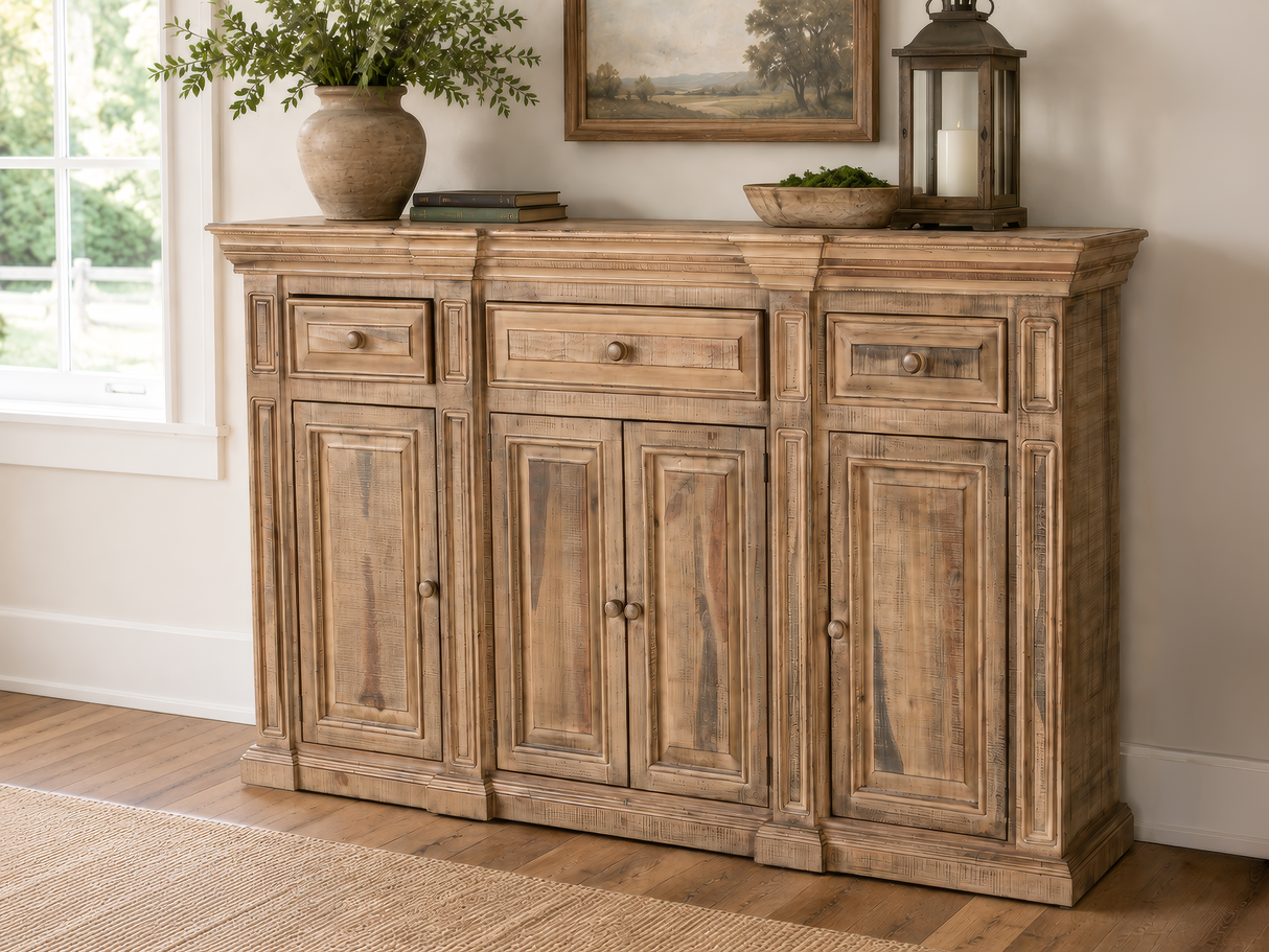 Rustic Solid Wood 75" Buffet Server in Distressed Honey Brown