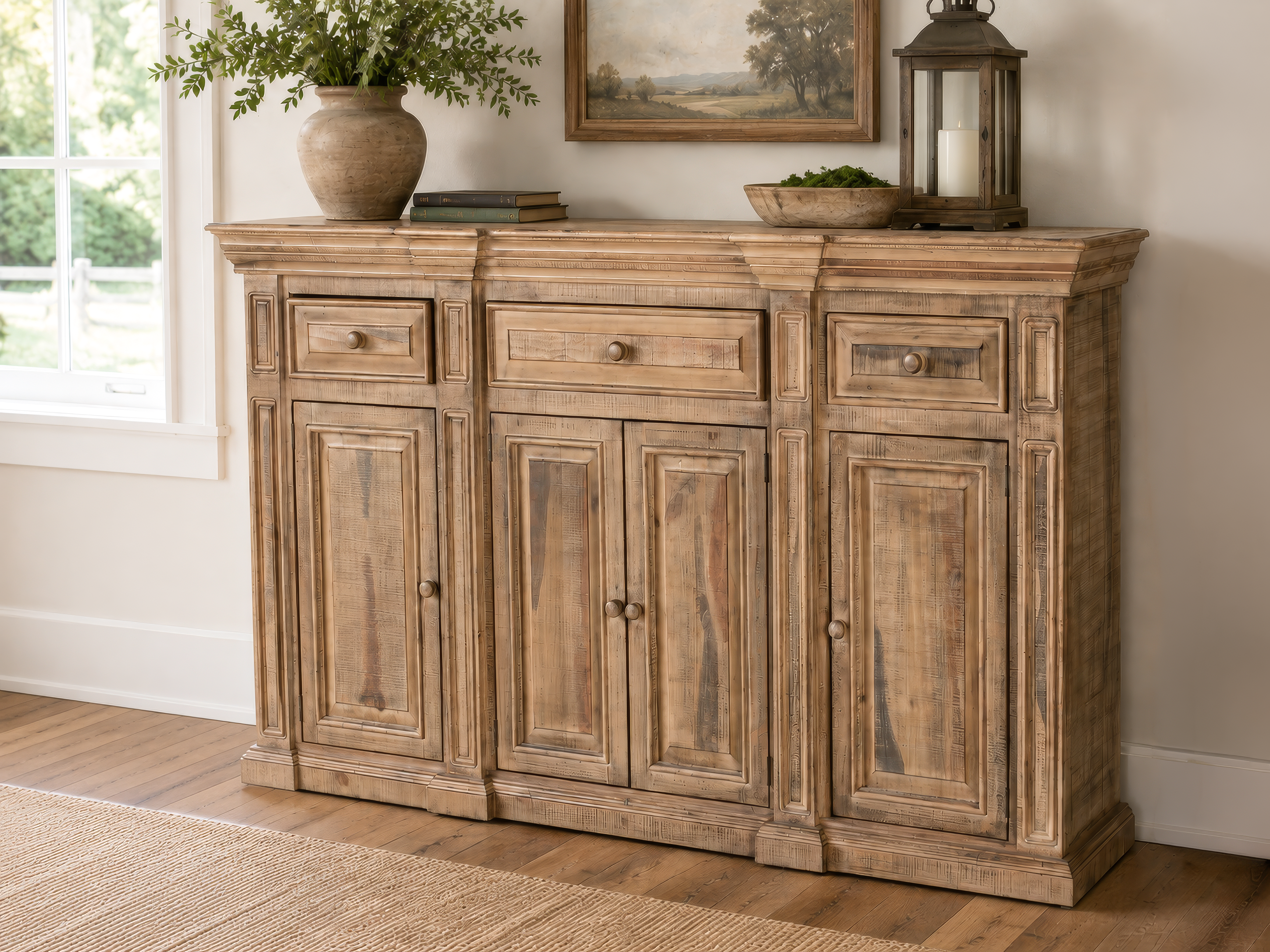 Rustic Solid Wood 75" Buffet Server in Distressed Honey Brown