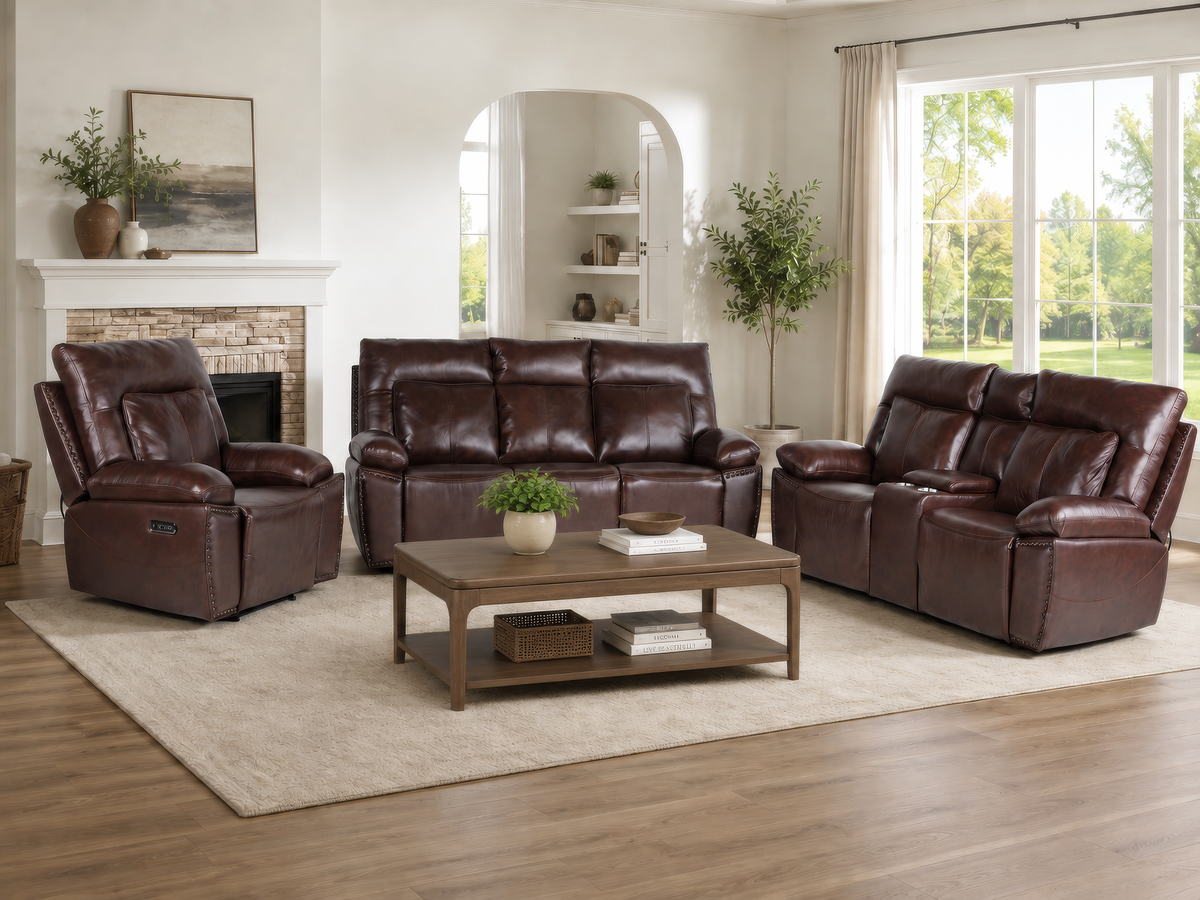 Dark Brown 3‐Piece Reclining Living Room Set with Top‐Grain Leather Seating