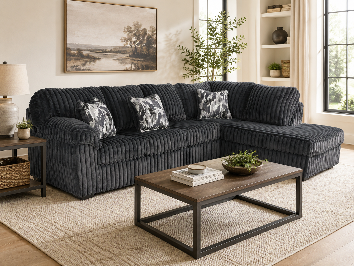 Modern Charcoal Corduroy 2-Piece Sectional with RAF Chaise