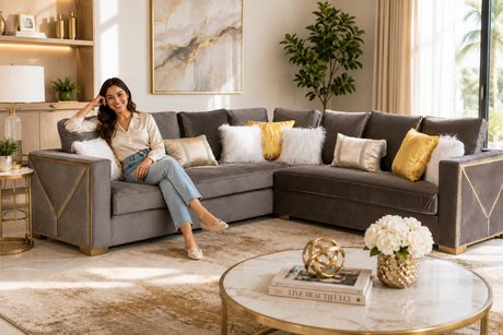 Brown Velvet Sectional Sofa with Gold Trim & Accent Pillows - view 7