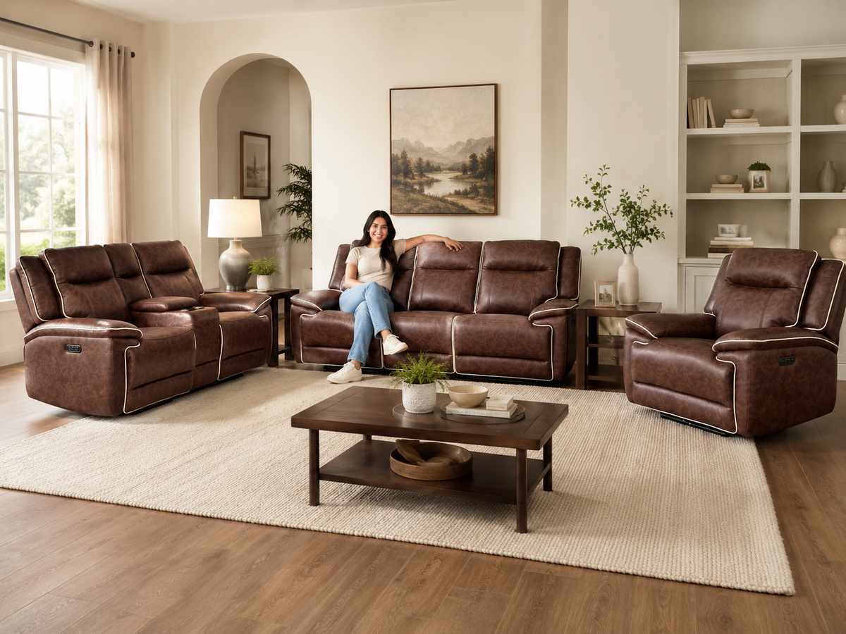 Contemporary Dark Brown Dual Power Reclining 3-Piece Living Room Set w/ USB & Wireless Charging, Console Storage & Drop-Down Table
