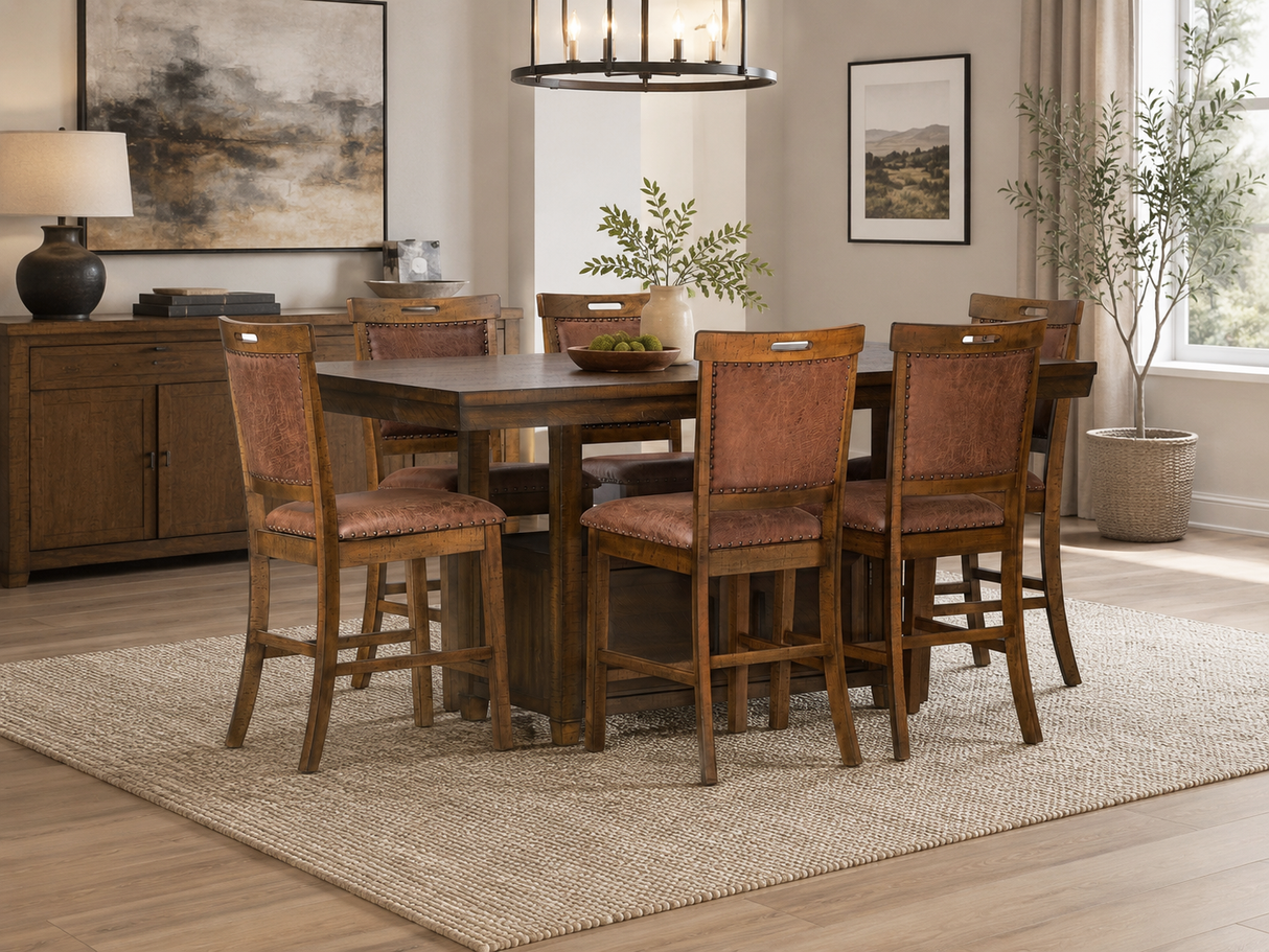 Rustic Counter Height 7-Piece Dining Set in Brown with Storage Pedestal Table and 6 Nailhead Upholstered Pub Chairs
