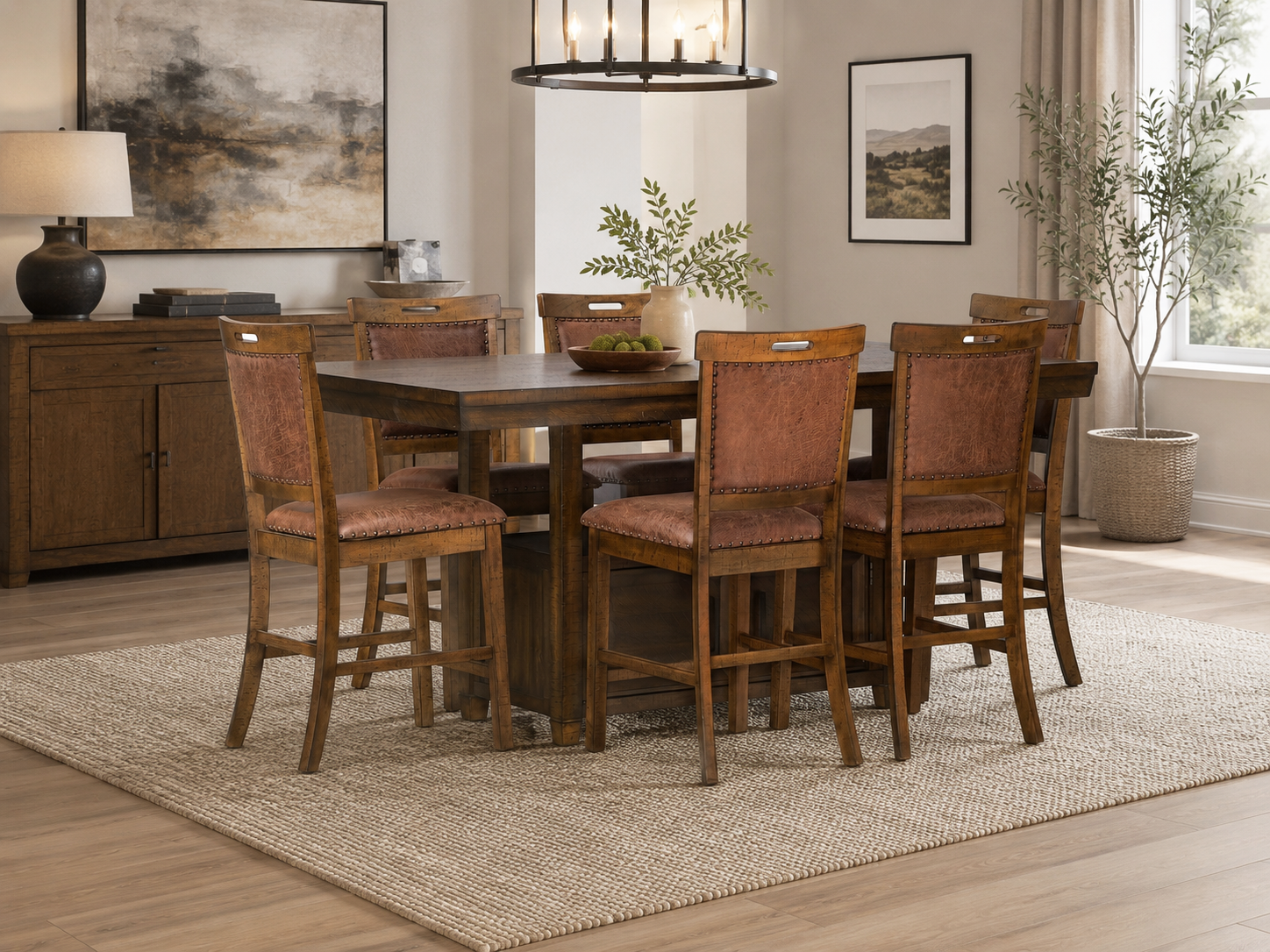 Rustic Counter Height 7-Piece Dining Set in Brown with Storage Pedestal Table and 6 Nailhead Upholstered Pub Chairs