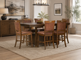 Rustic Counter Height 7-Piece Dining Set in Brown with Storage Pedestal Table and 6 Nailhead Upholstered Pub Chairs