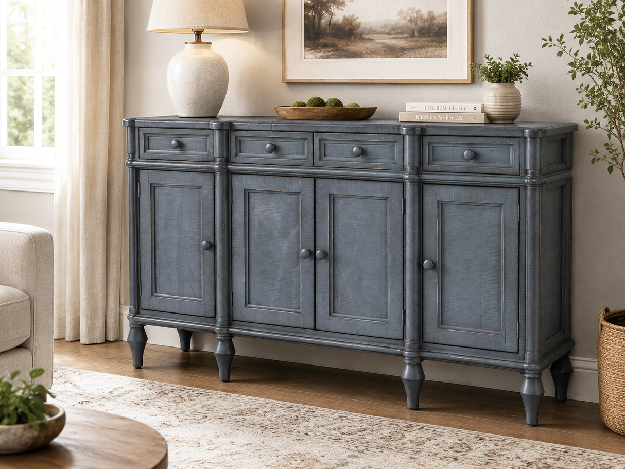 Lilac Distressed Blue Solid Wood Sideboard Buffet / TV Console