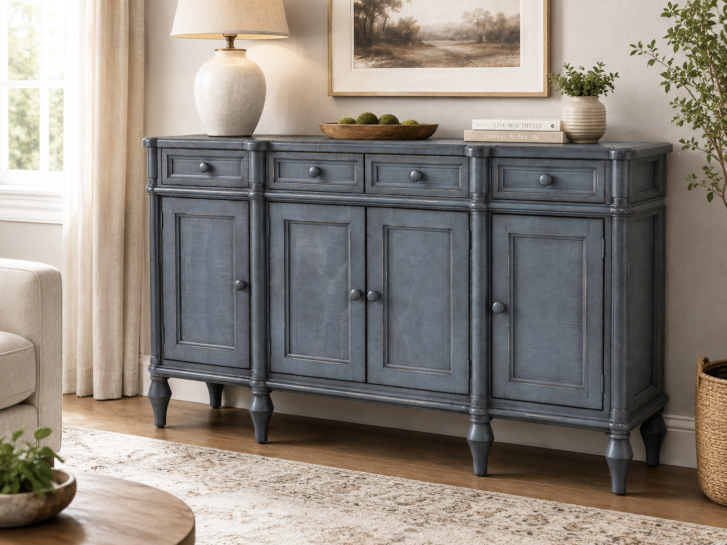 Lilac Distressed Blue Solid Wood Sideboard Buffet / TV Console