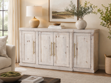 Wooden sideboard with decorative items in a living room setting