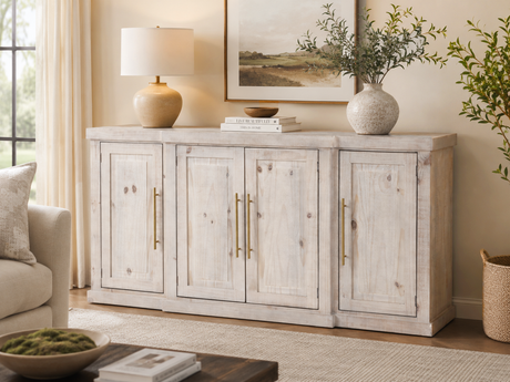 Wooden sideboard with decorative items in a living room setting