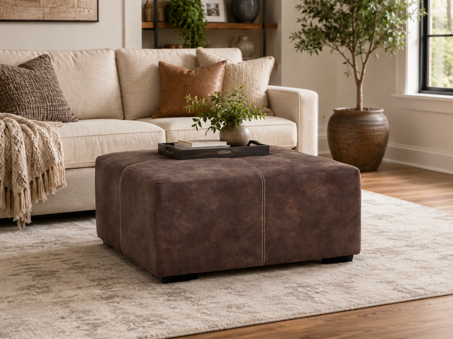 840 Teagan Rustic Brown Rectangular Upholstered Ottoman with Contrast Stitching