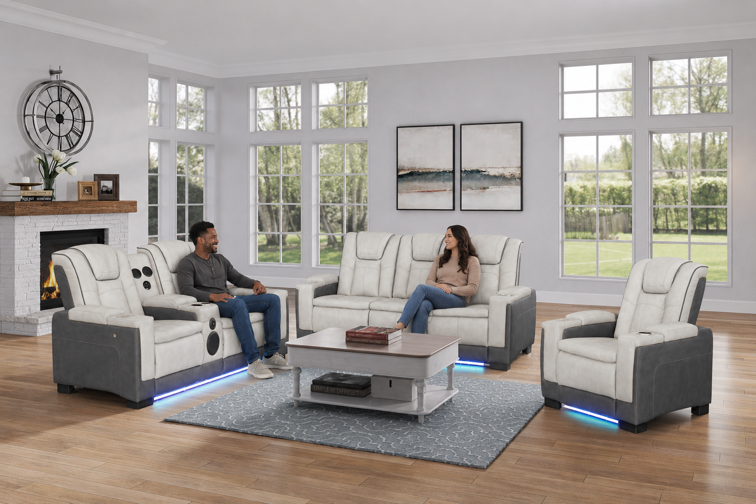 Gray Two-Tone Power Reclining Living Room Set with Power Headrests, LED Lighting, Console Storage, Bluetooth Speakers & USB Charging