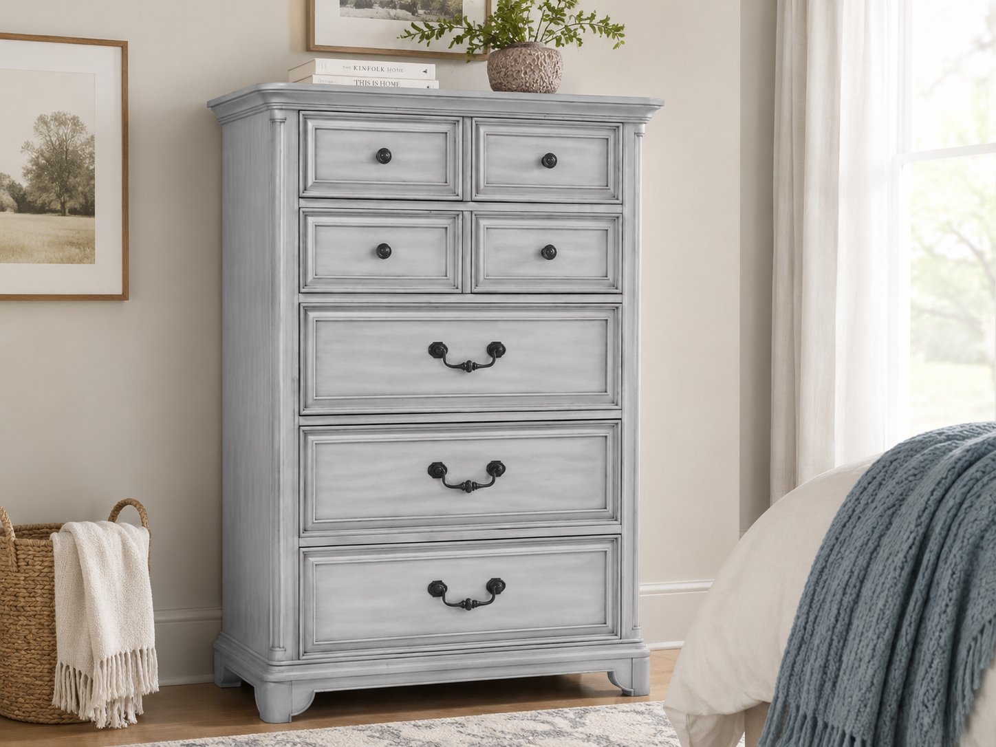 Farmhouse Antique White Chest – Tall 5-Drawer Storage with Felt-Lined Top Drawer & Antique Brass Hardware