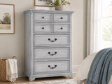 Farmhouse Antique White Chest – Tall 5-Drawer Storage with Felt-Lined Top Drawer & Antique Brass Hardware