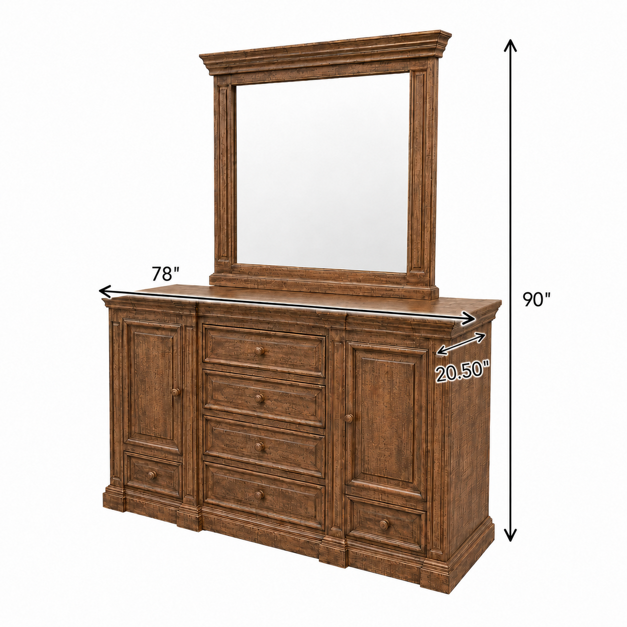 Traditional Rustic Natural Wood 6 Piece Bedroom Set with Panel Bed, Dresser, Mirror & Nightstand