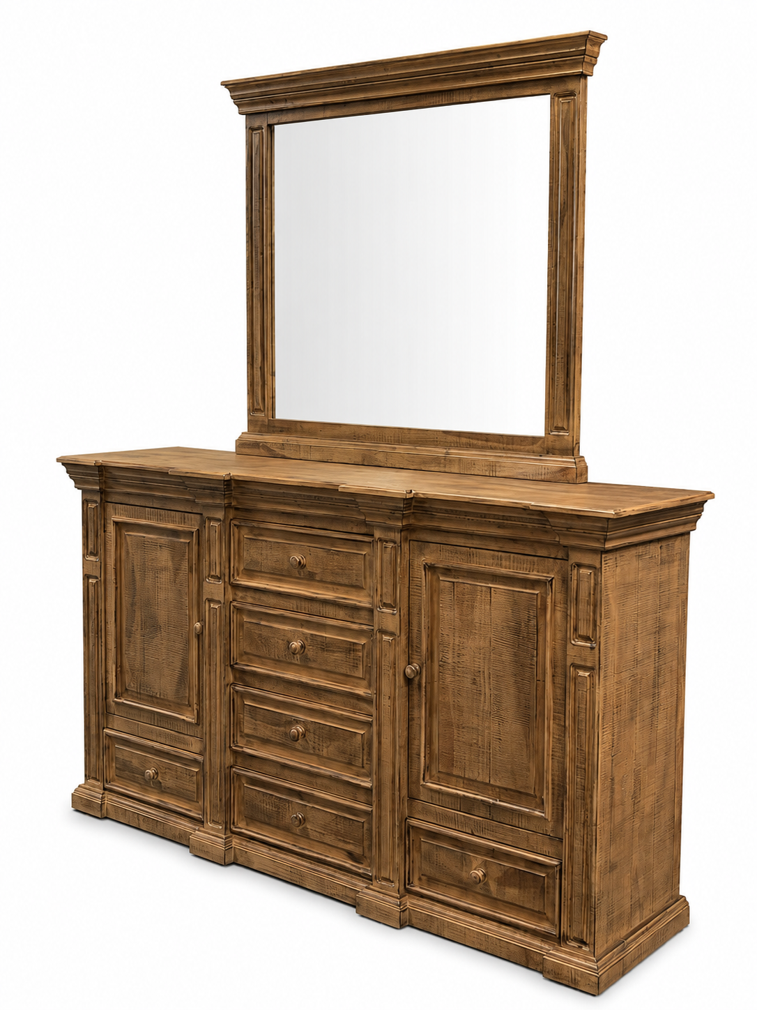 Traditional Rustic Natural Wood 6 Piece Bedroom Set with Panel Bed, Dresser, Mirror & Nightstand